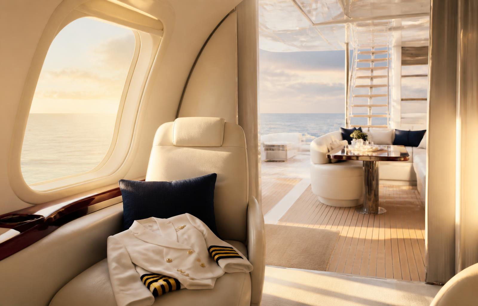 A private jet cabin opening onto a sunlit superyacht deck