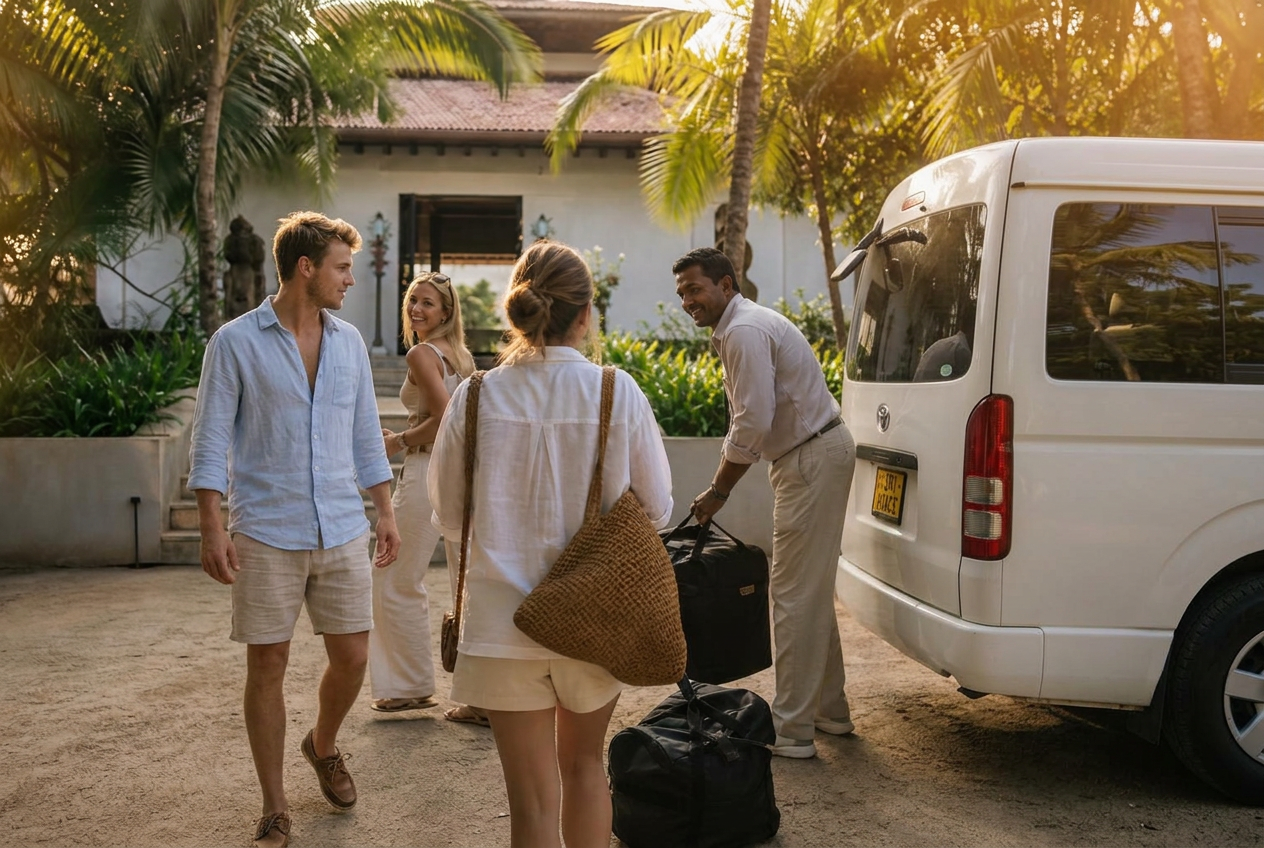 Yacht crew arriving at a private Sri Lankan villa with their private driver at golden hour