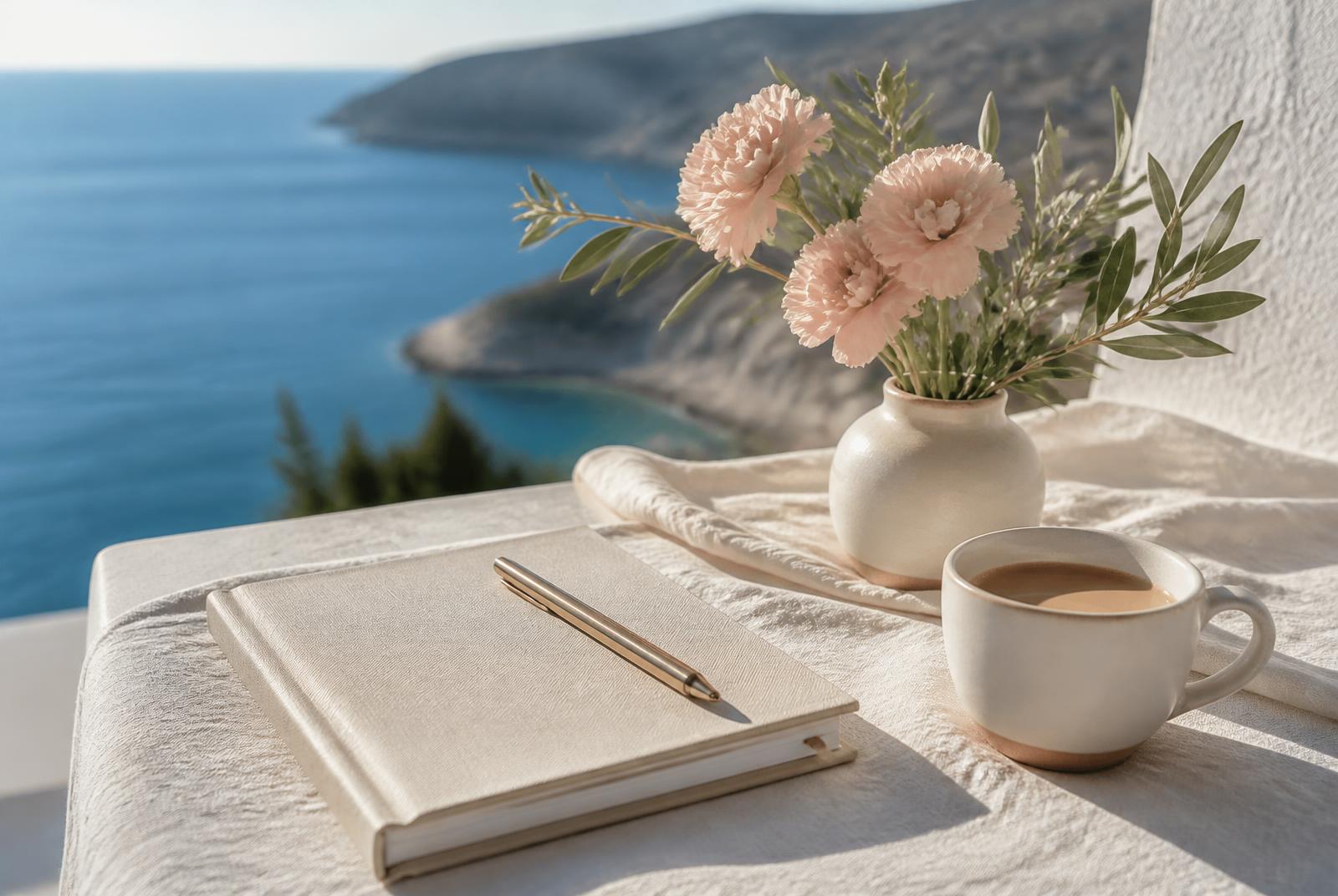 Notebook, pen and blush flowers on a linen table overlooking the Mediterranean sea