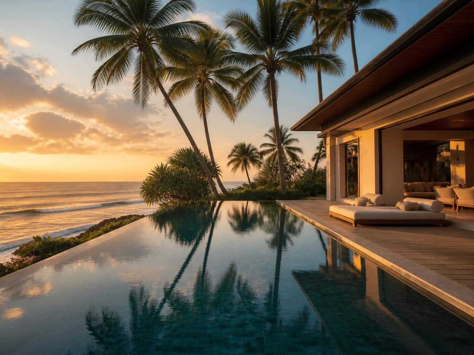 Private pool villa in Sri Lanka overlooking the ocean at golden hour