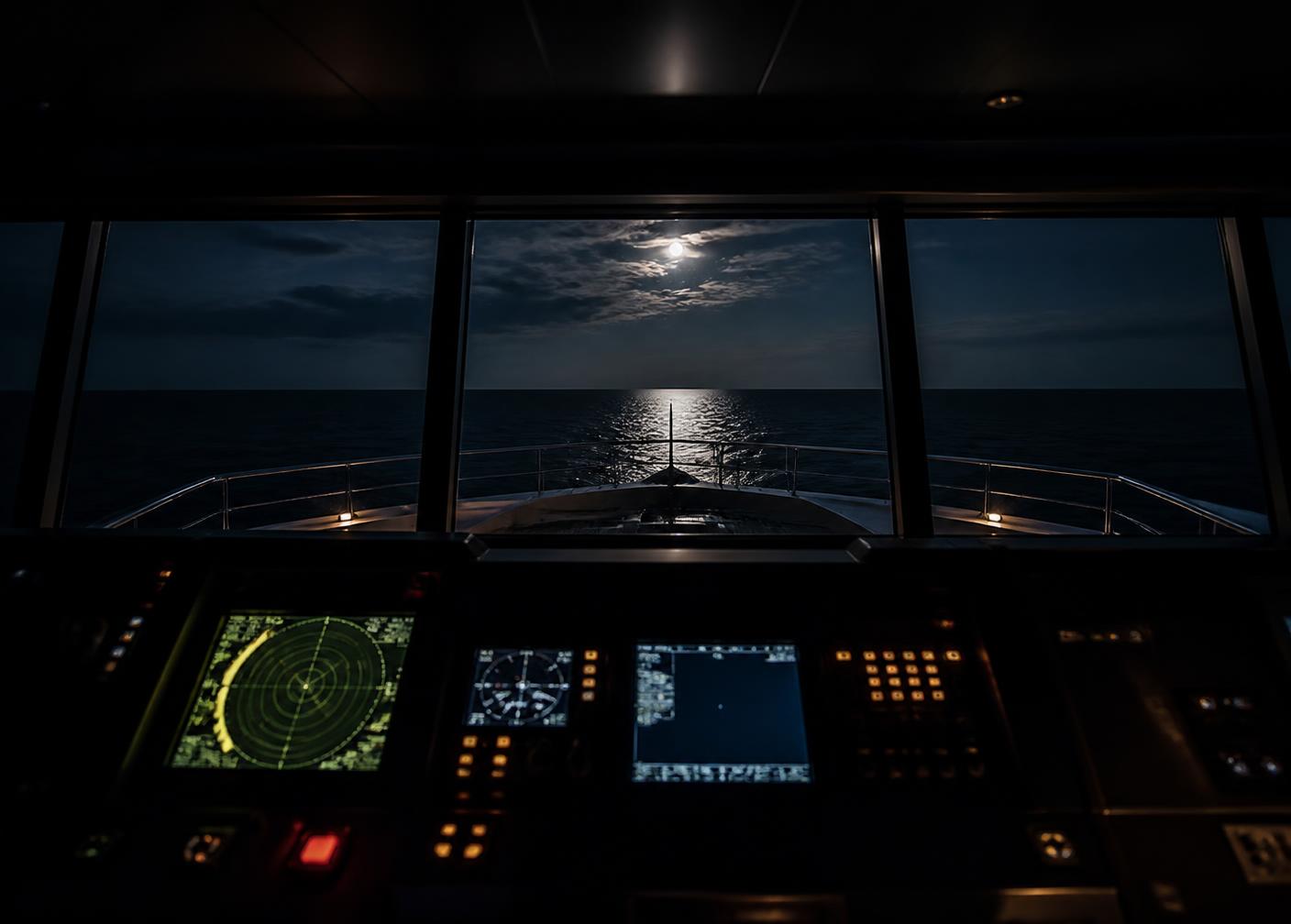 View from a yacht's bridge at night, instruments glowing softly with moonlight over a calm sea ahead